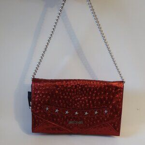 NWT Womens Just Cavalli Red Bordeaux Leather Chain Strap Envelope Clutch Handbag